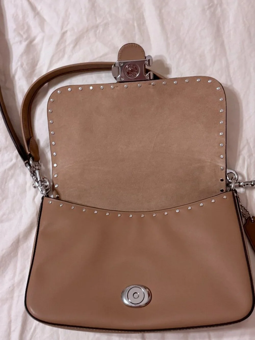 Coach Soft Tabby Shoulder Bag Crossbody Suede Peanut - Complete Both Straps